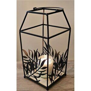 Black Metal Candle Lantern Indoor Outdoor Leaf Design Decorative Centerpiece